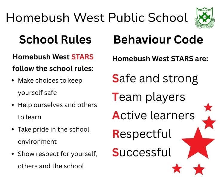 Homebush West Public School rules and STAR behaviour code displayed in a poster format.
